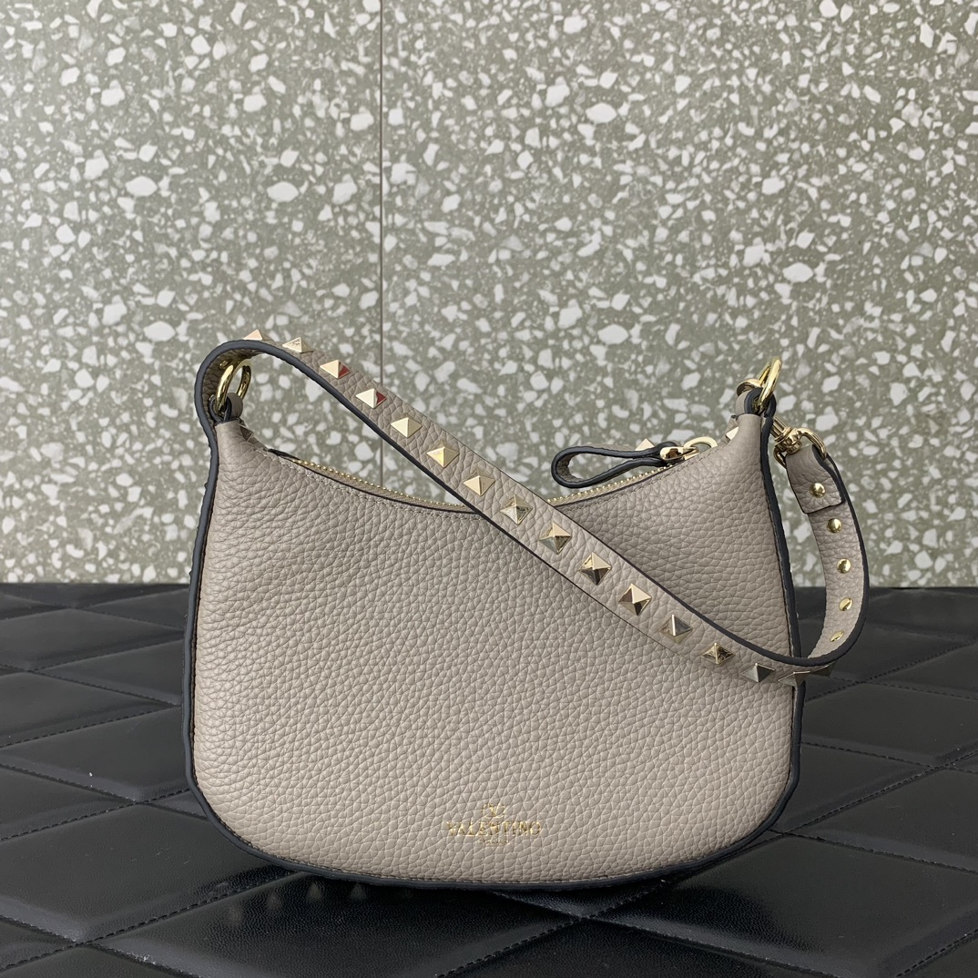 Valentino Garavani Rockstud Mini Hobo Bag in Grey Grainy Calfskin